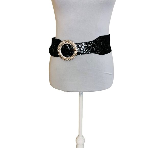 VTG Inspired 80s Black Wide Elastic Belt SZ M/L Rhinestone Buckle Crock Embossed - Picture 4 of 15